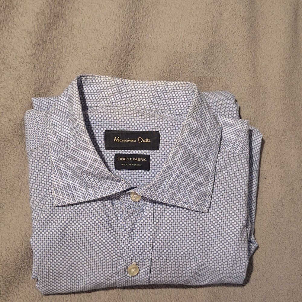 MASSIMO DUTTI-Finest Fabric-Mens L Blue Dress Shirt-Slim-Sml Geo Print-Cotton - Picture 9 of 10